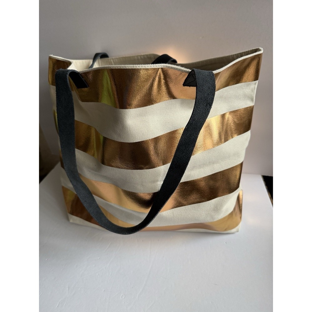 Rosanna Large Tote Bag for Women Leather Handles Bright Gold And White Stripes